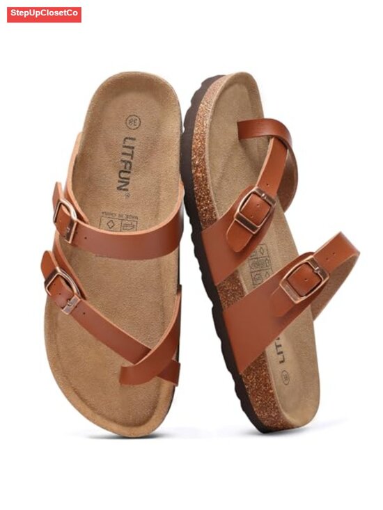 Shoes - Genuine Suede Cork Footbed Sandals w/ Adjustable Buckle Slide